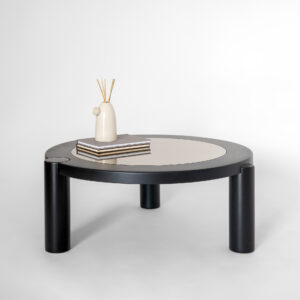 Mesa de centro ebanizada com design contemporâneo, com livros e vaso